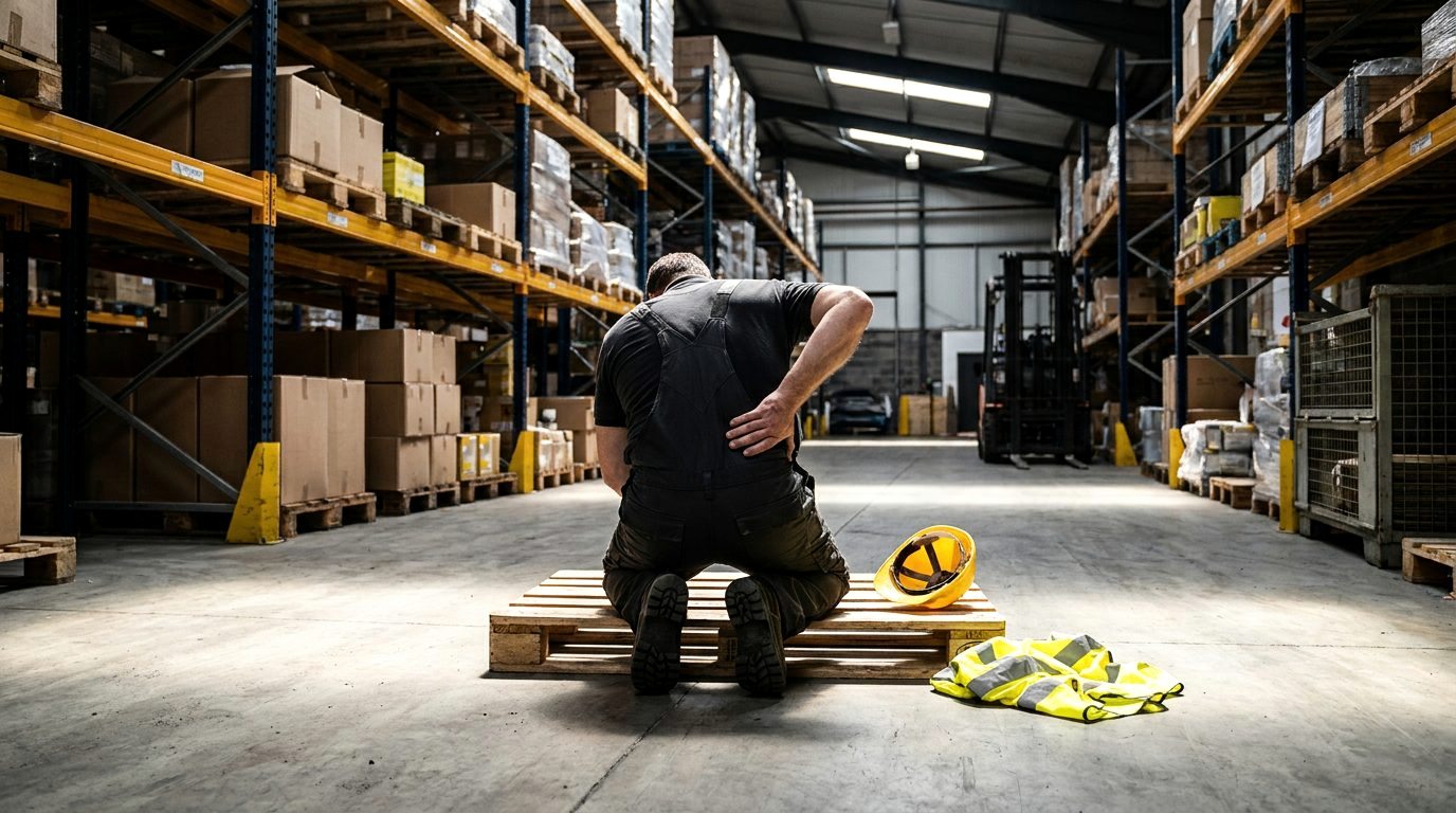 Hurt warehouse worker seen from behind, hand on lower back, hard hat on the floor